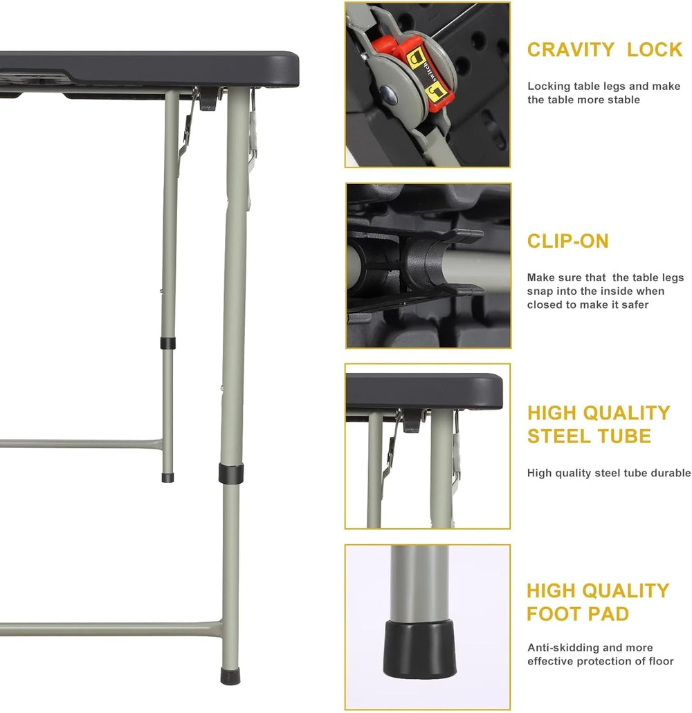 4FT Folding Table Heavy Duty 350 LBS, 3 Adjustable Heights Fold-in-Half Porta...