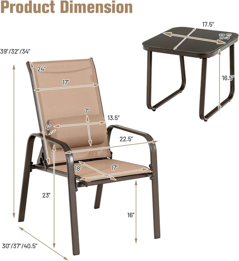 Tangkula Outdoor Bistro Set, 3 Pieces Patio Recliner Stackable Chairs with Ad...