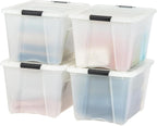 IRIS USA 54 QT Plastic Storage Box with Lid and Latches - 4 Pack - BPA-Free, Discreet Organizing Solution, Durable Nestable Stackable Containers, Secure Pull Handle - Pearl