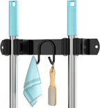 Broom Holder Wall Mount, Stainless Steel Mop and Broom Organizer, Broom Hanger with 2 Slots 2 Hooks for Home Kitchen, Garage, Garden and Laundry Room, Black