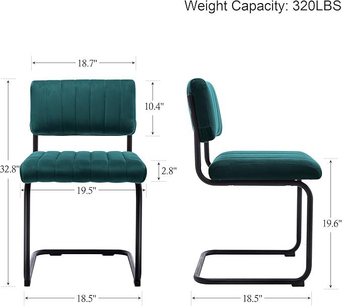 ONEVOG Modern Luxury Dining Room Chairs Set of 2, Teal Velvet Upholstered Kitchen Chairs, Heavy Duty Contemporary Armless Dining Chair with Comfy Seat & Black Metal Legs, Cantilevered Design