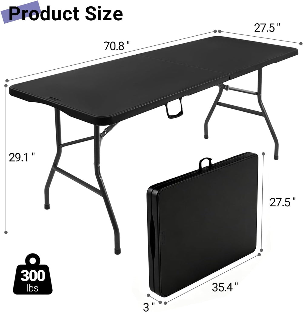 6ft Folding Table, Portable Heavy Duty Plastic Table for Party, Black | Fold-...