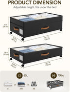 Under Bed Storage with Wheels, 10 inches Under Bed Storage Containers, 65L XXL Large Adjustable Underbed with Lids, Rolling Underbed Storage bins for Shoes, Clothes, Blankets, Black