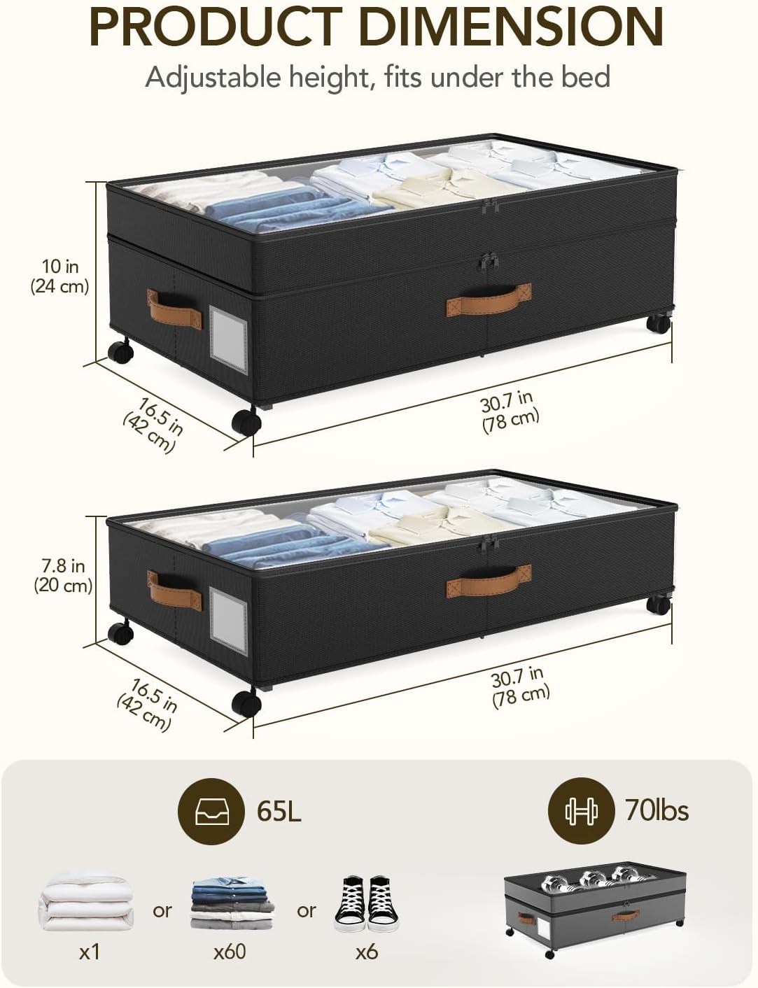 Under Bed Storage with Wheels, 10 inches Under Bed Storage Containers, 65L XXL Large Adjustable Underbed with Lids, Rolling Underbed Storage bins for Shoes, Clothes, Blankets, Black
