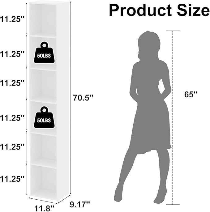 Tall Narrow Bookshelf 6-Tier Bookcase,70.5" Skinny Thin Corner Shelf Slim Storage Cabinet,Wood DVD CD Media Cube Organizer Tower Rack for Small Spaces, Bedroom, Living Room, Office,White