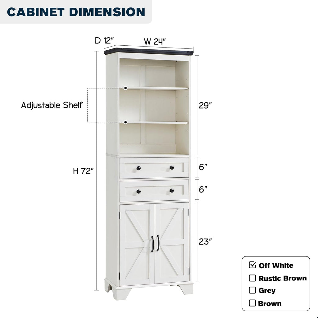 ACCOHOHO Farmhouse Tall Bathroom Storage Cabinet, 72" Storage Cabinet with 2 Drawers, Adjustable Shelves & Barn Door, Cabinet for Bathroom, Living Room, Kitchen, Off White