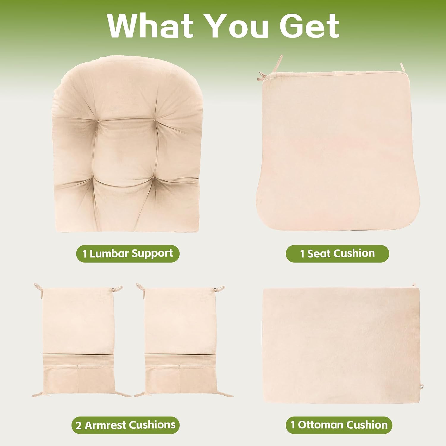 Glider Rocker Replacement Cushion Set, Rocking Chair Cushions with Back Support, Soft Vinyl Fabric, Non-Slip, Armrest Storage Pockets, Seat & Back Pads for Nursery Living Room
