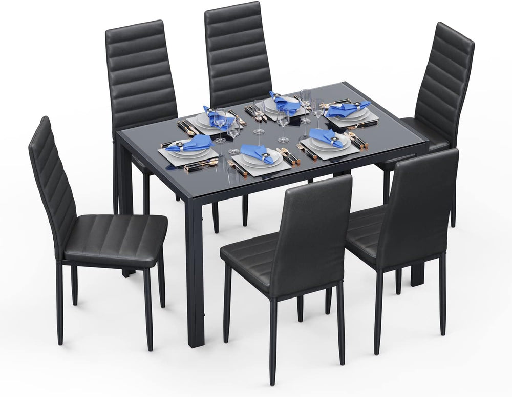 Gizoon Glass Dining Table Sets for 6, 7 Piece Kitchen Table and Chairs Set fo...