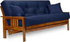 Stanford Futon Set - Full Size Futon Frame with Mattress Included (8 Inch Thick Mattress, Twill Navy Blue Color), Heavy Duty Wood, Popular Sofa Bed Choice