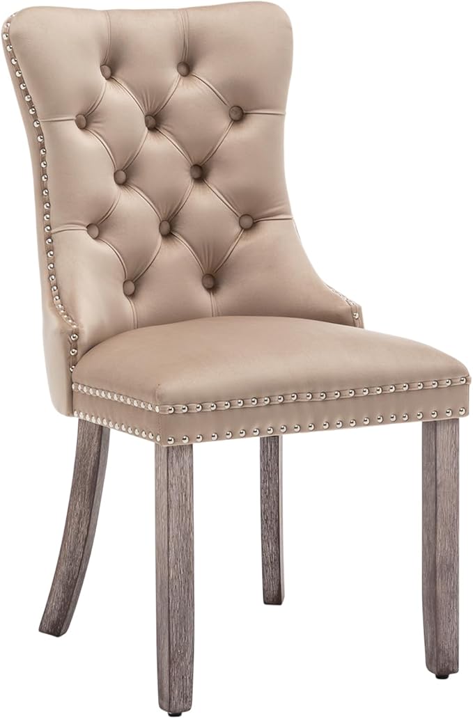 Velvet Dining Chairs Set of 6, Upholstered Dining Room Chairs with Nailhead Ring Pull Trim, Button Tufted Wing Back Chairs for Dining with Solid Wood Legs for Kitchen Dining Room(Khaki)