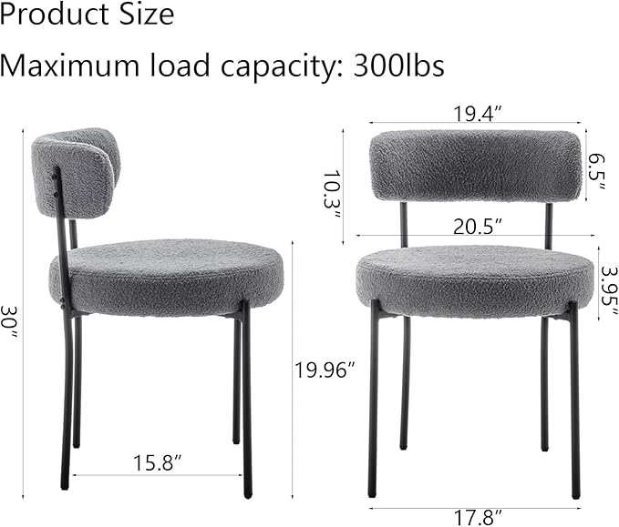 Grey Boucle Dining Chairs Set of 4, Upholstered Dining Room Chairs with Black Metal Legs, Round Modern Dining Chair for Dining Room, Kitchen