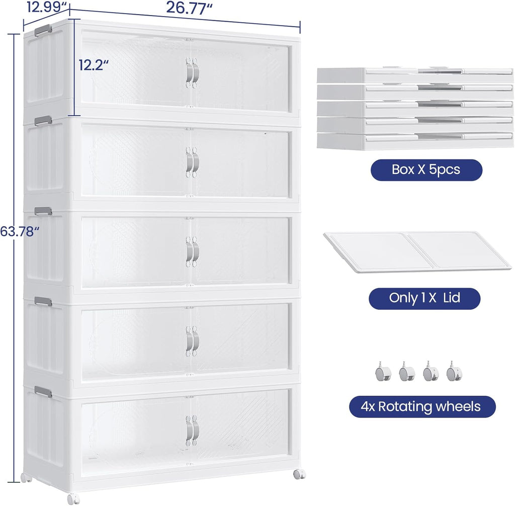 600QT Extra Large Stackable Storage Bins with Lid & Wheels & Doors, 150Gal Foldable Collapsible Closet Organizers, Plastic Cabinet Box Container Drawer for Home Kitchen Bedroom, 5Pack White