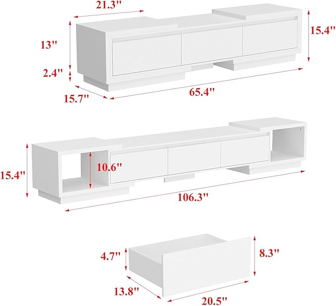 FAMAPY Extendable TV Console Table Modern TV Cabinet with Drawers, Contemporary Entertainment Center Media Storage Console Table for Living Room White (65.4-106.3”W x 15.7”D x 15.4”H)