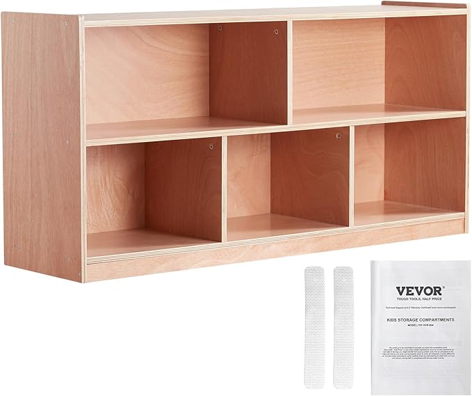 VEVOR Cubby Toy Organizer Storage Cabinet, 5-Compartment Cubby Storage Shelf, 48''W Kids Toy Storage Cabinet 2-Shelf, Classroom Cubbies, Classroom Furniture for Home, Daycare and Preschool, Natural