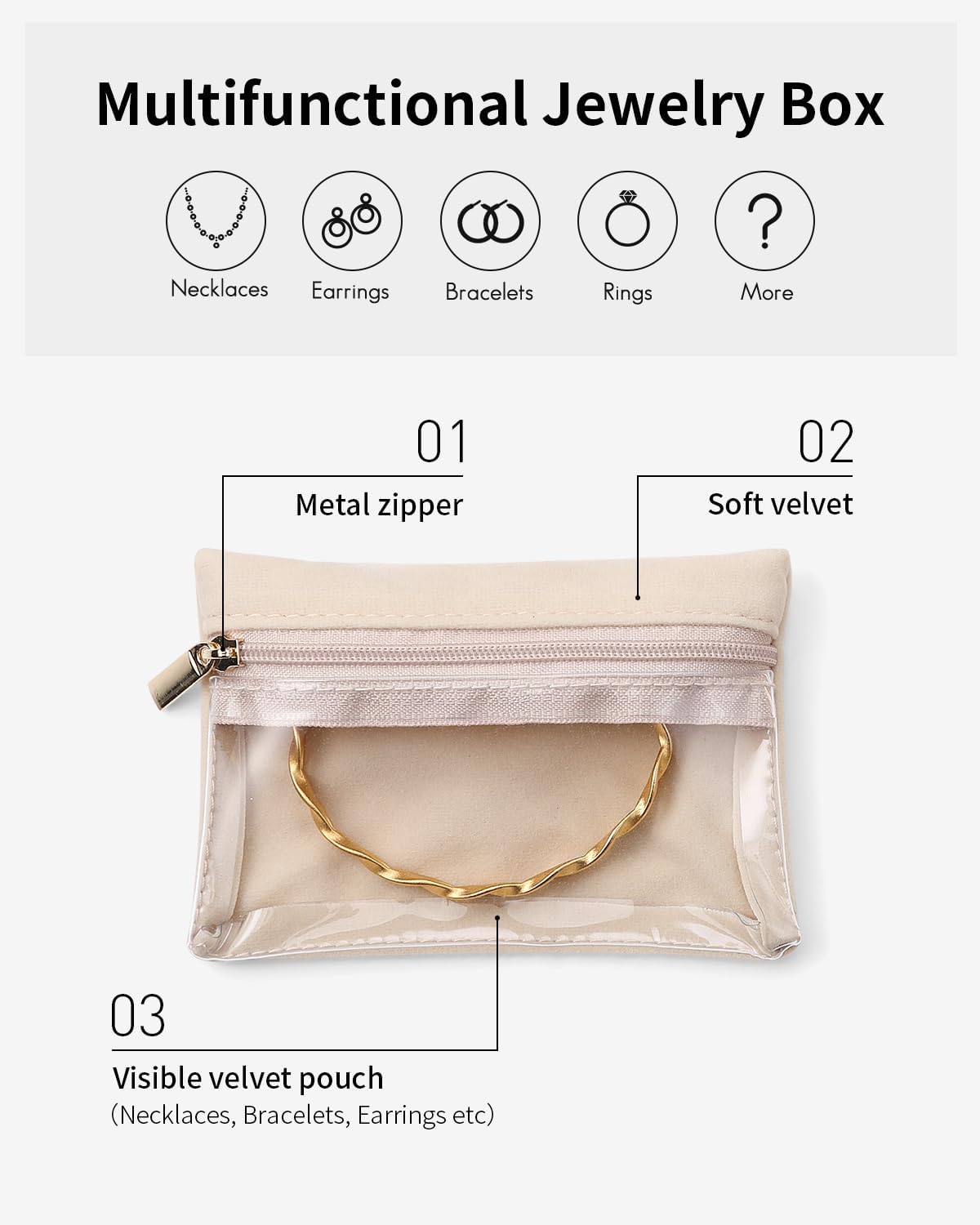 Vlando Velvet Jewelry Pouch with Zipper - Clear Travel Jewelry Bag Organizer for Business Trips & Gifts