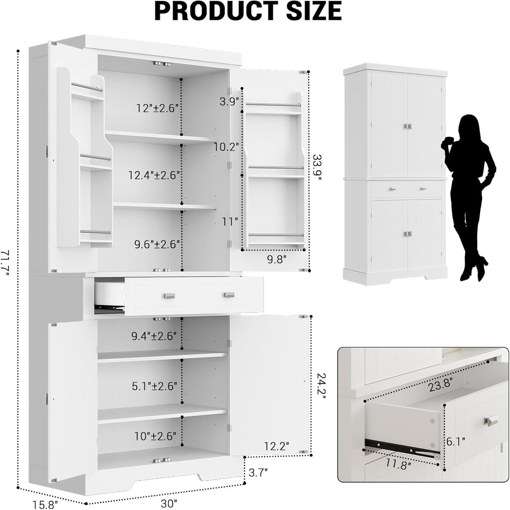 72” Kitchen Pantry Cabinet, Tall Storage Cabinet with 4 Doors and 1 Drawer, Cupboard with 6 Hanging Shelves and Adjustable Shelves for Kitchen, Dining Room, Living Room, White