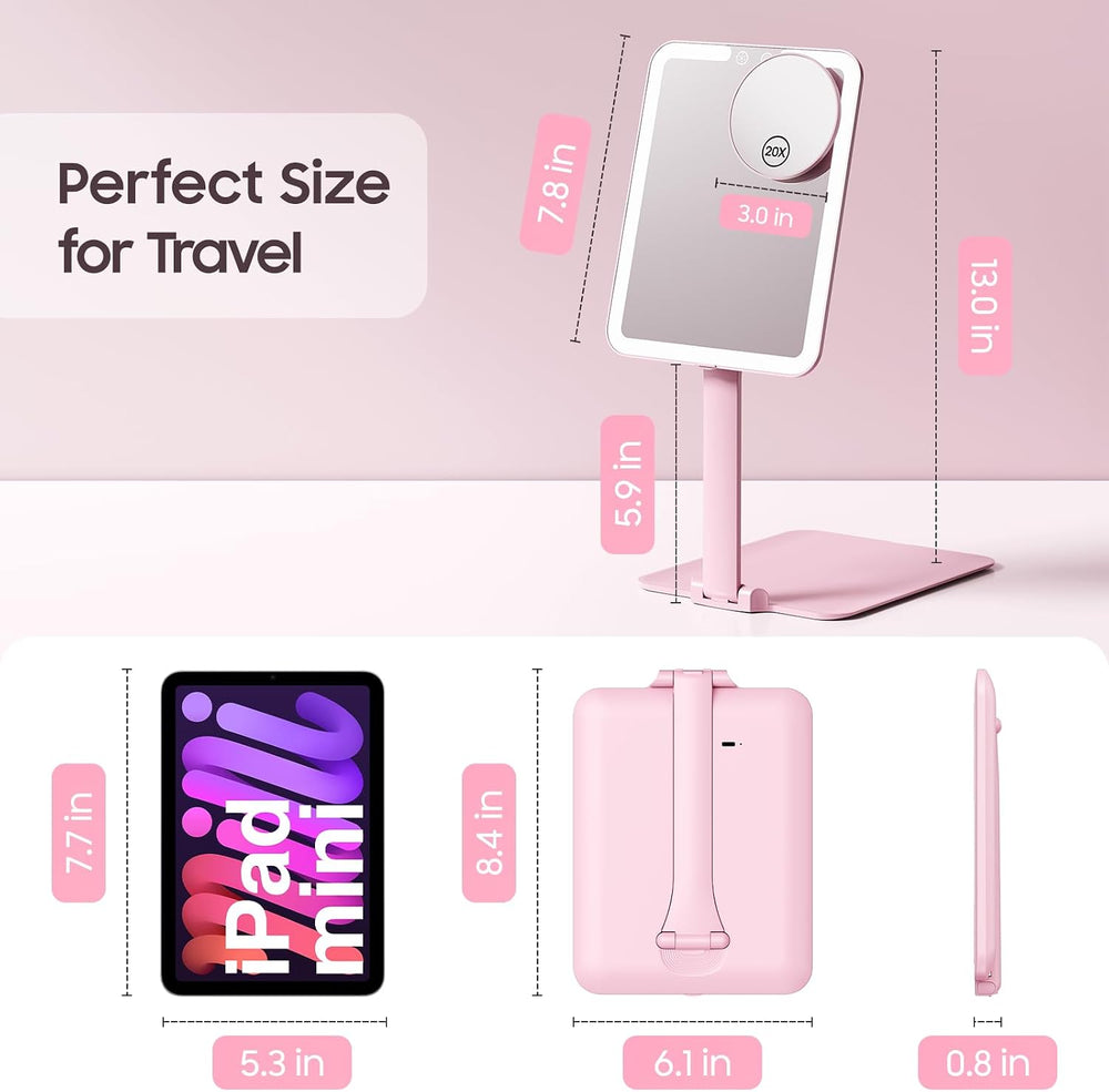 Benbilry Foldable Travel Makeup Mirror with Lights, 20X Magnification, Pink