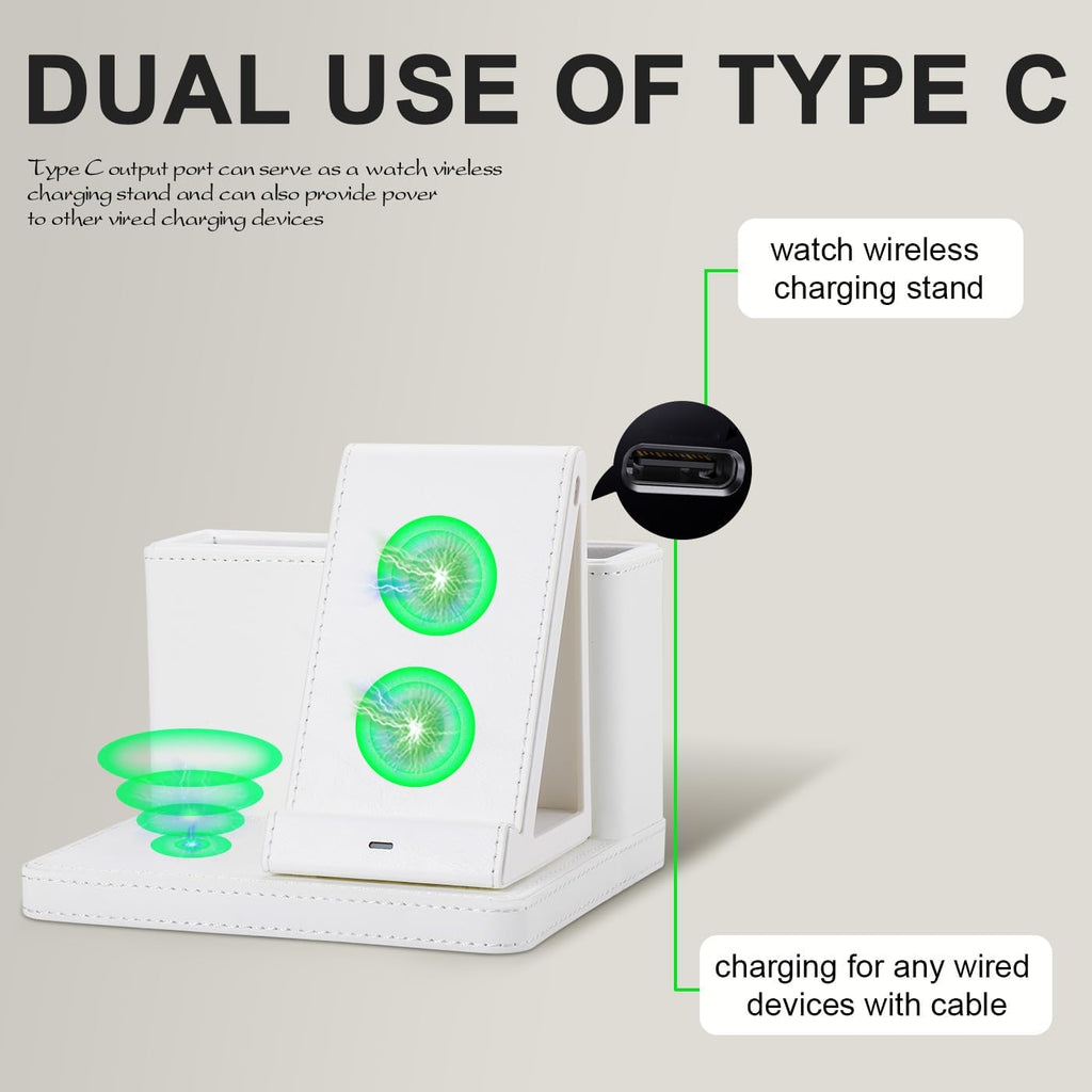 Leather Desk accessories Pen Holder with 3-in-1 Wireless Charger for Phone, Earbuds, Watch Multifunctional Desktop Phone Stand for Office and Home,birthday gifts,gifts for him (white)