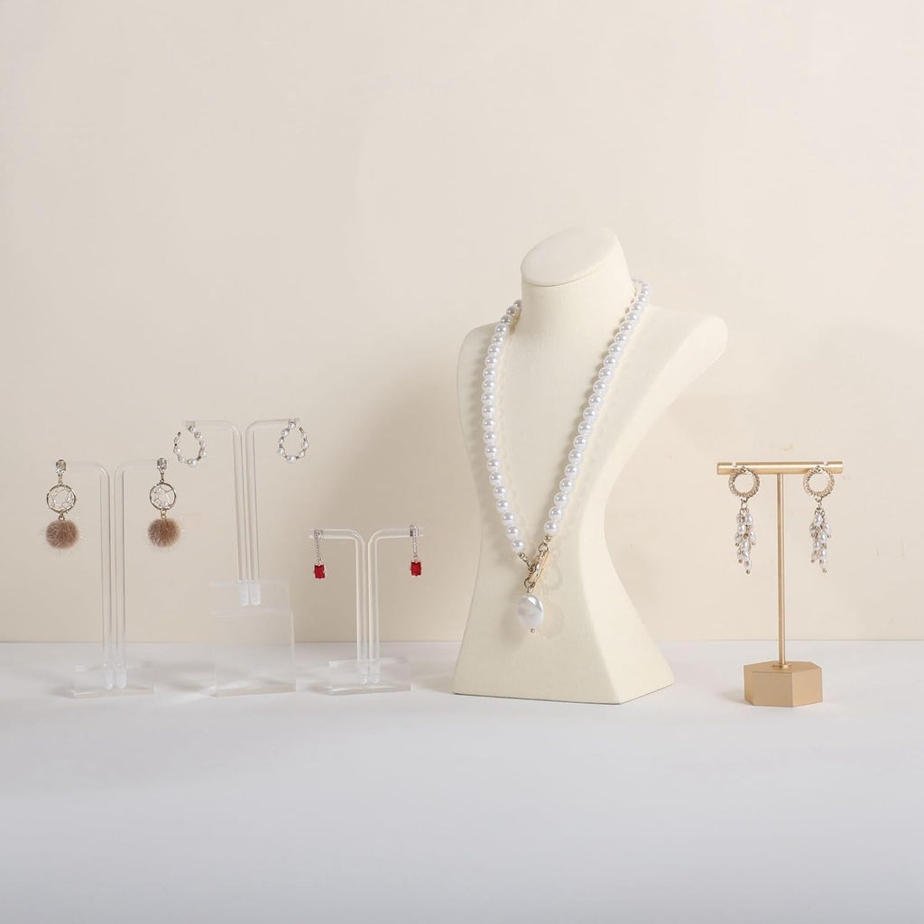 GemeShou Beige necklace storage hanger stand jewelry organizer, Velvet jewelry stand necklace holder, jewelry mannequin bust for necklaces, jewelry bust display stands【Beige-Medium height 9.25 inch】