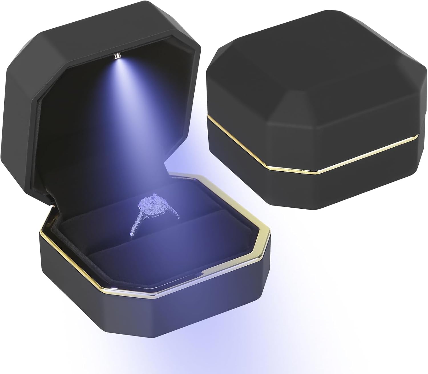 Luxury LED Jewelry Ring Box, Velvet Ring Gift Box Storage Case Organizer Holder for Proposal Engagement Wedding Anniversary Birthday Ceremony (Black)