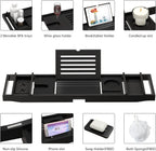 Bamboo Bathtub Tray for Luxury Bathroom, Expandable Premium Bath Tray w/Soap Towel Book Holder, Adjustable Bath Accessories for Tub,Extendable Tub Tray with Wine Glass Cup Organizer 29.5"-43.3" Black