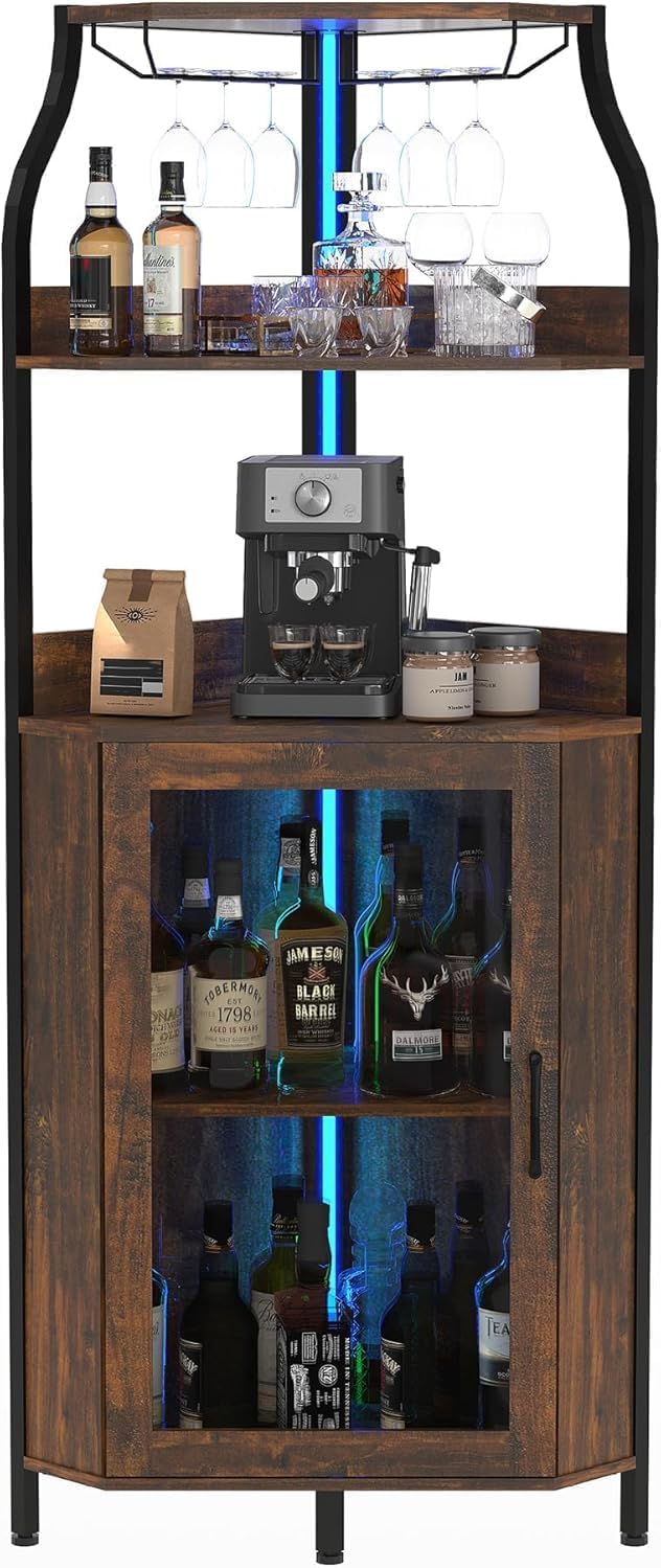 Garvee 68-Inch Corner Bar Cabinet with LED Lights and Outlet, Freestanding Wi...