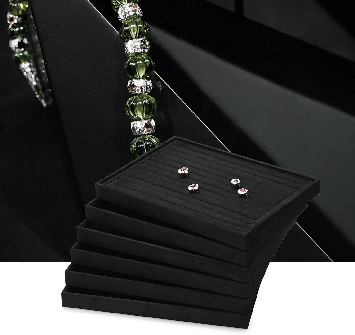 Black Microfiber Jewelry Display Flat Tray Ring Necklace Watch Organizer Display Tray
