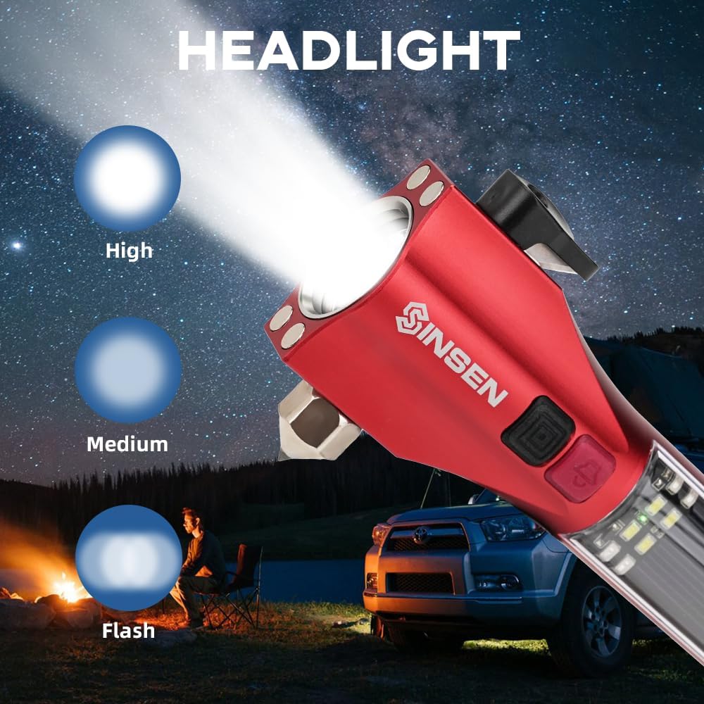 SINSEN Emergency Flashlight for Car, Seatbelt Cutter Window Breaker, 16-in-1 ...