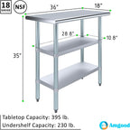 AmGood Stainless Steel Work Table with 2 Shelves | NSF | Metal Utility Table (36" Long x 18" Deep)
