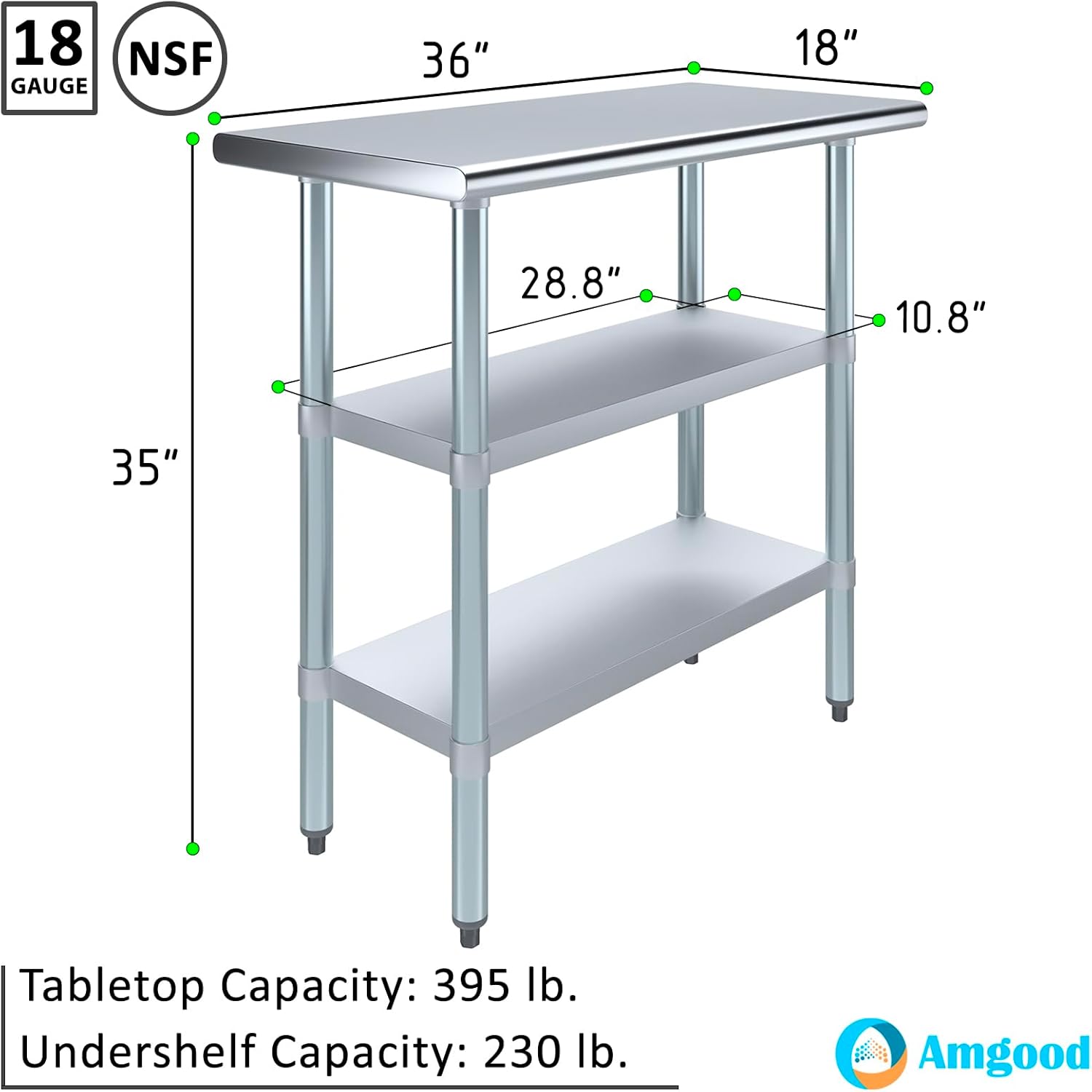 AmGood Stainless Steel Work Table with 2 Shelves | NSF | Metal Utility Table (36" Long x 18" Deep)