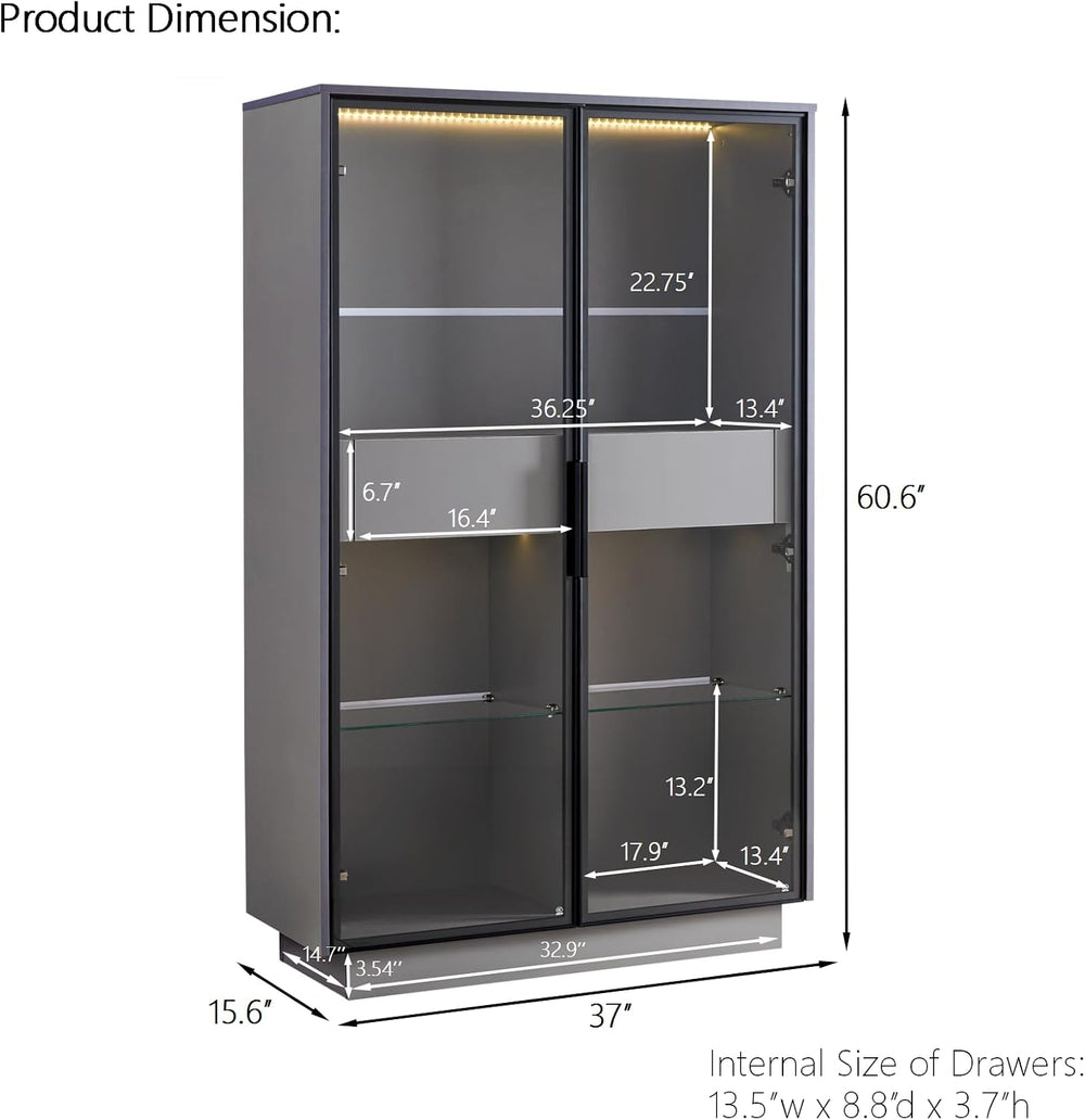 roomfitters 60.6'' Display Cabinet with Glass Doors, Freestanding Pan...