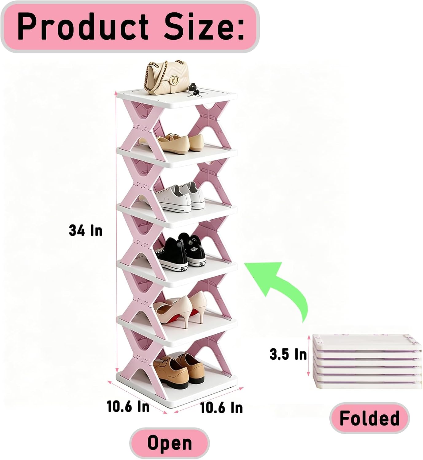 6 Tier Foldable Shoe Rack, Kid's Shoe Organizer, Pink | Vertical Shoe Storage for Front Door Entrance, Compact Shoe Shelf for Narrow Spaces