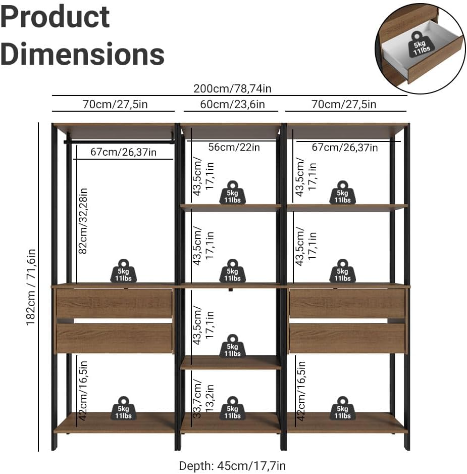 Madesa Kitchen Pantry Storage Rack with 4 Drawers, Open Shelves and Hanging S...