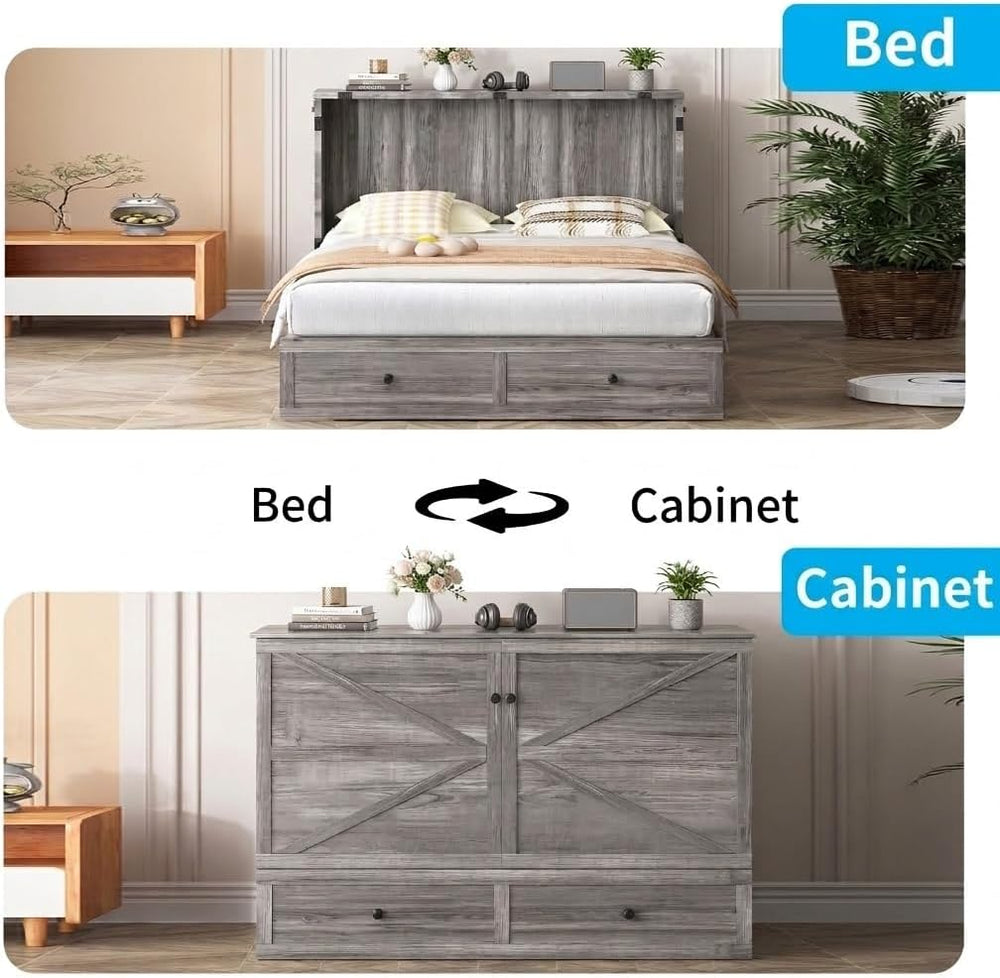 Mjkone Queen Size Murphy Bed with Tri-Folding Mattress, Farmhouse Murphy Cabi...