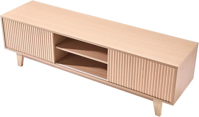 VEVOR 59" Fluted TV Stand, Boho Entertainment Center for 55/60/65 inch TVs, Mid Century Modern Media Console TV Storage Cabinet with Sliding Door and Adjustable Open Shelves, for Living Room, Bedroom