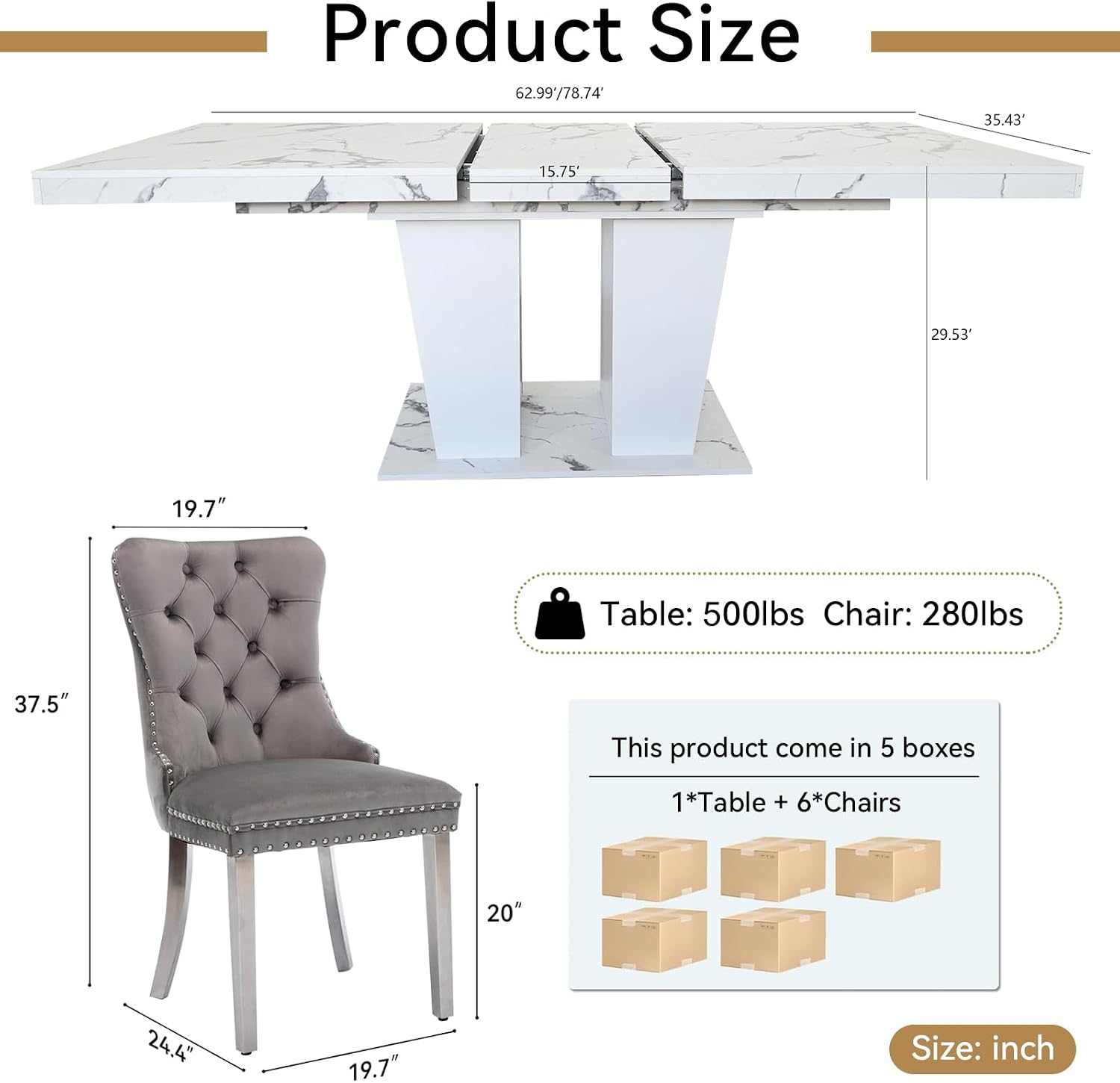 7-Piece Extendable Dining Table Set for 6-8 People 63"-78.7" Kitchen Table Set with 6 Grey Upholstered Chairs Modern White Faux Marble Rectangular Dining Room Table Set for Kitchen Apartment