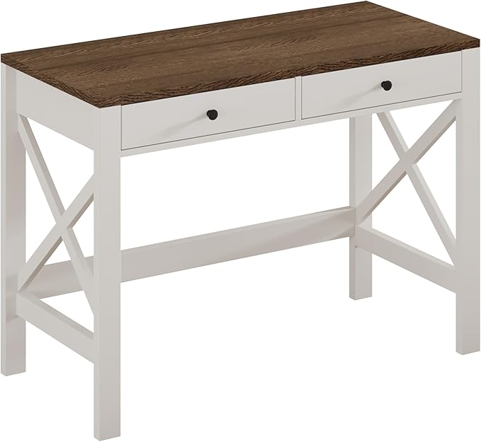 ChooChoo Farmhouse Desk 39" Computer Desk with Drawers, Small Study Writing Table with Stable X Frame for Home Office