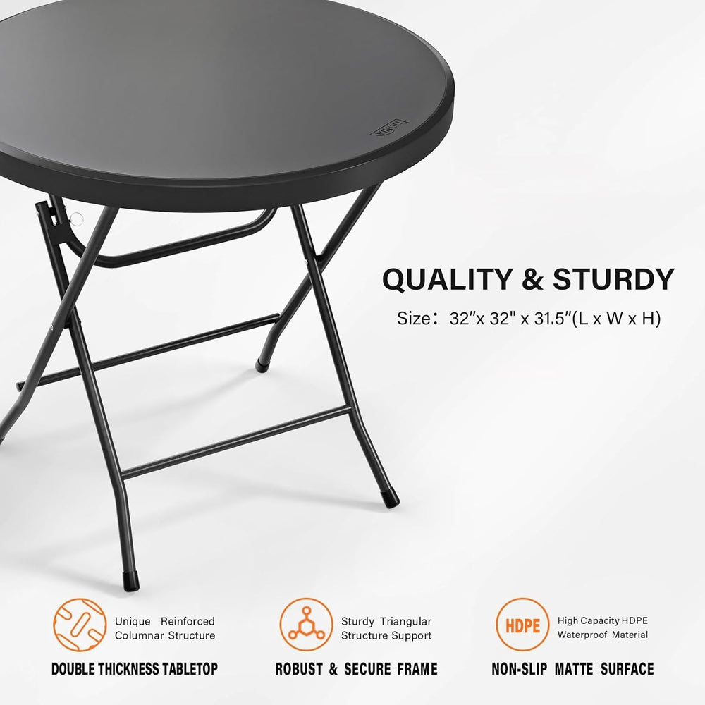 Bonnlo Round Folding Table 32 inch, HDPE Plastic Small Tabletop with Steel Fr...