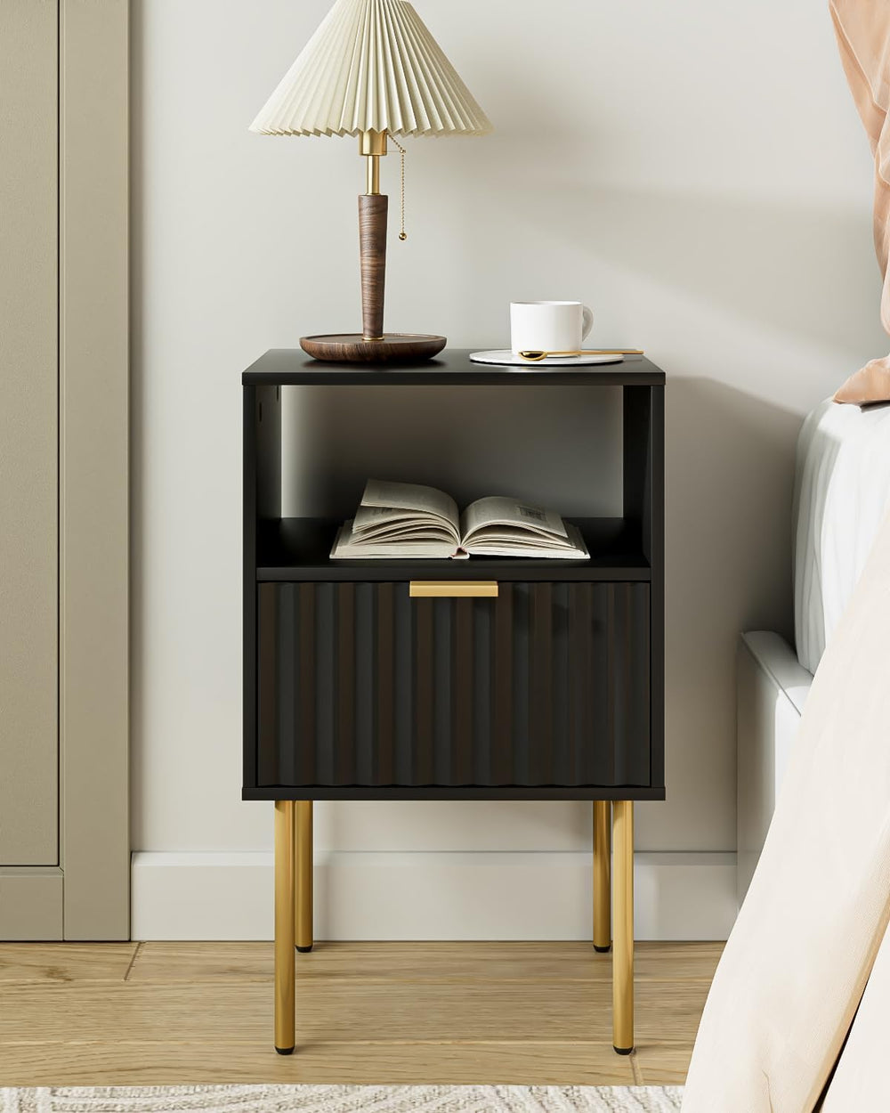 Nightstand,Modern Bedside Table with Gold Frame,White Night Stand,Bedside Fur...