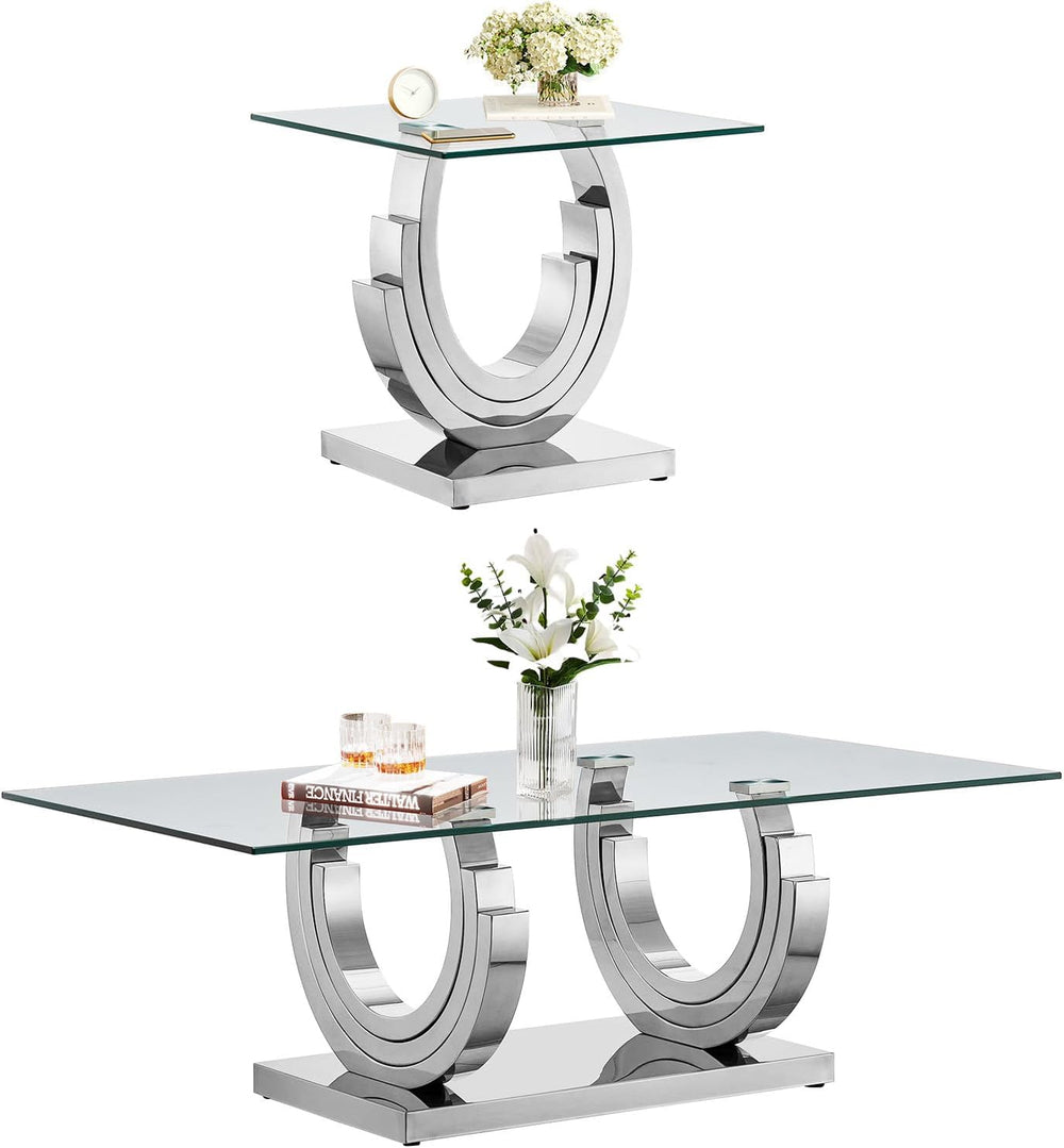 2 Piece Glass Coffee Table Set, Modern Living Room Table Set, Coffee Table wi...