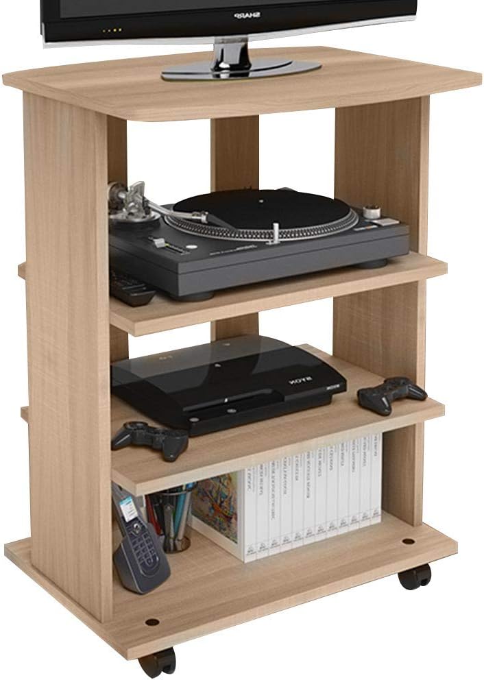 BAKAJI MDF Wood TV Unit with 3 Shelves for Video Games DVD and 4 Wheels Cabinet Trolley TV Stand Modern Design Size 60 x 45 x 80.5 cm (Oak)