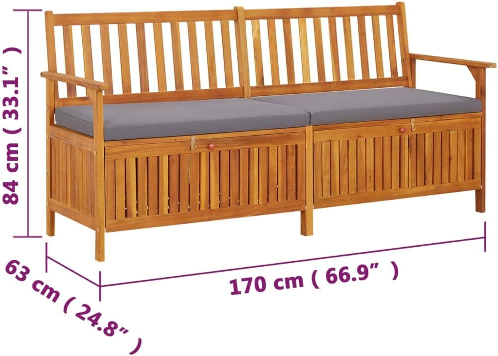 Storage Bench with Cushion 66.9" Solid Acacia Wood Outdoor Bench Seat Du...
