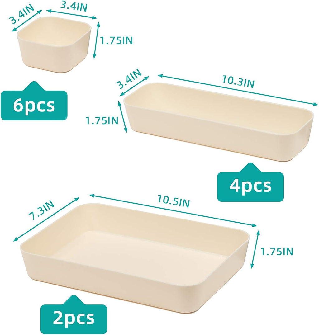 Set Of 12 Beige Color Plastic Desk Drawer Organizers For Makeup Bathroom Office Kitchen Vanity Drawer Storage Box Container