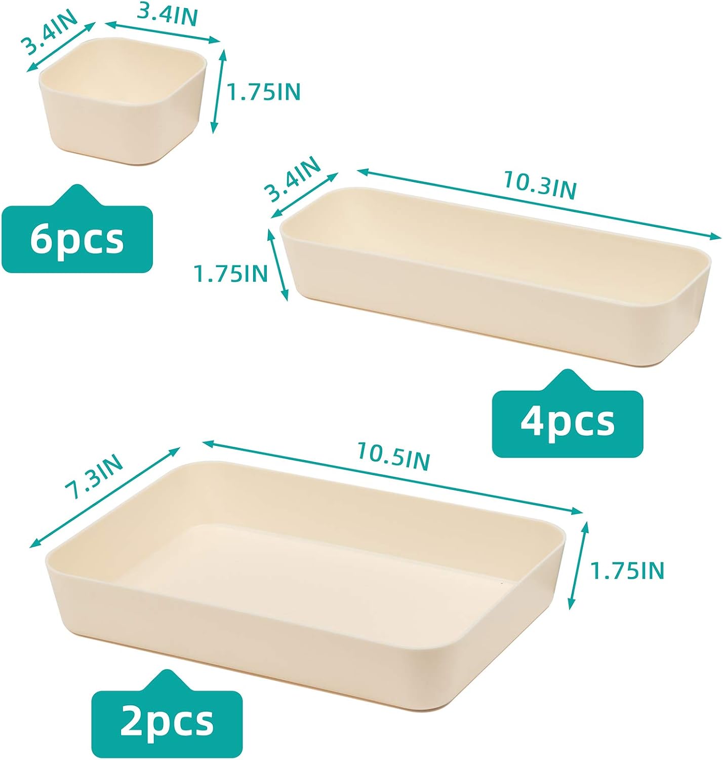 Set Of 12 Beige Color Plastic Desk Drawer Organizers For Makeup Bathroom Office Kitchen Vanity Drawer Storage Box Container