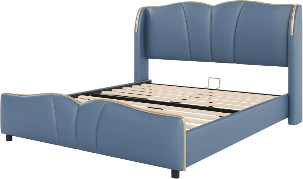 Queen Size Bed Frame with Wingback Headboard, Modern Faux Leather Upholstered...