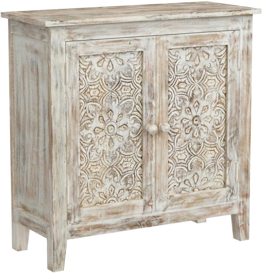 Jofran Global Archive Hand Carved Accent Chest Cabinet, 32', Weathered White
