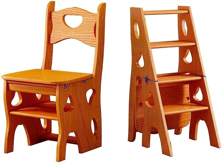 4 Step Wooden Folding Library Ladder Chair with Seat, Multifunctional Step St...