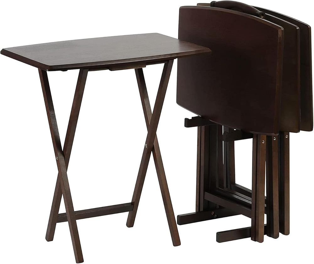PJ Wood - 5-Piece Folding Tray Table Set - Walnut with Rack | Solid Wood, 14....