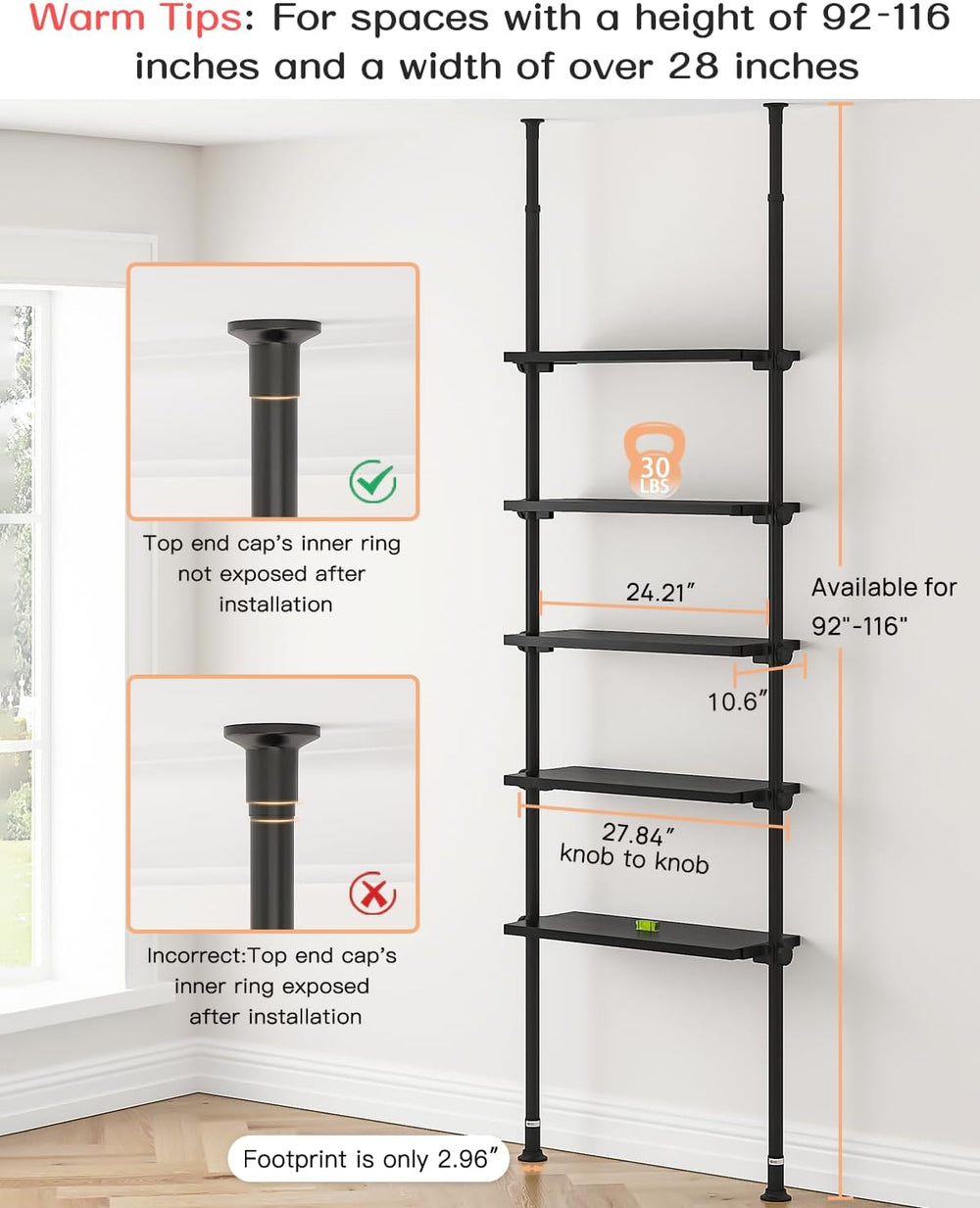 ALLZONE Adjustable Tall Narrow Bookshelf, 5-Tier Floor-to-Ceiling Tension Mou...