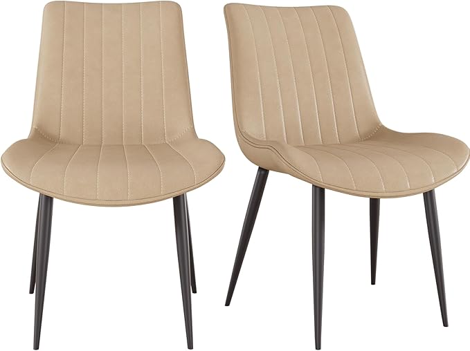 Dining Chairs Set of 2, Leather Modern Kitchen & Dining Room Chairs, Comfortable Upholstered Kitchen Chairs with Metal Legs Armless Side Chairs for Living Room Bedroom Restaurant Cafe, Khaki